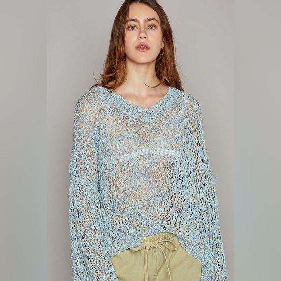 Ribbed Hem V-Neck Wide Sleeve Crochet Sweater - POL - Picture 1 of 5